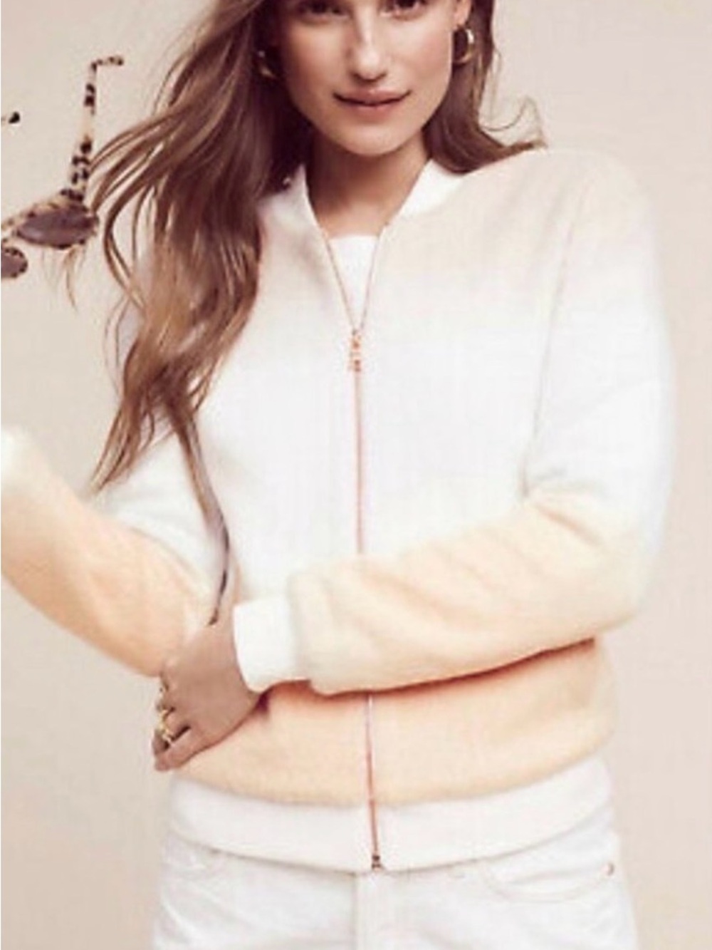 Anthropologie Paper Crown White and Peach Colorblock Bomber Jacket